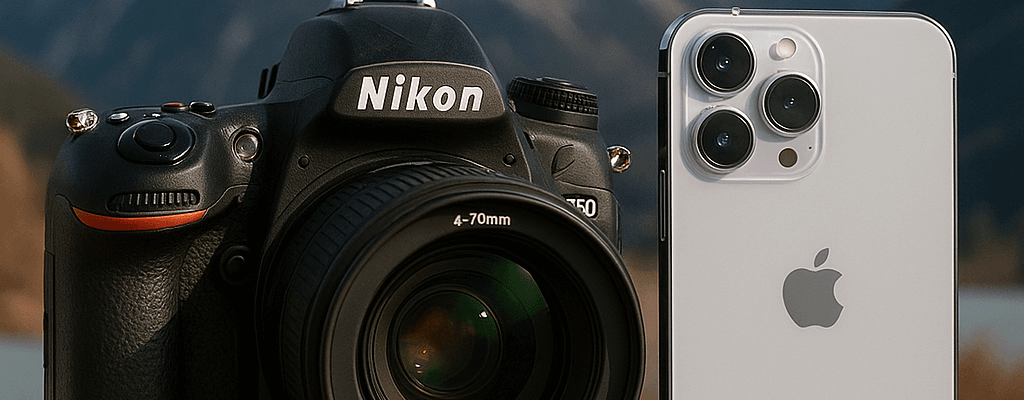 dslr and iPhone on a table with mountain backdrop