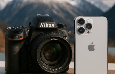 dslr and iPhone on a table with mountain backdrop