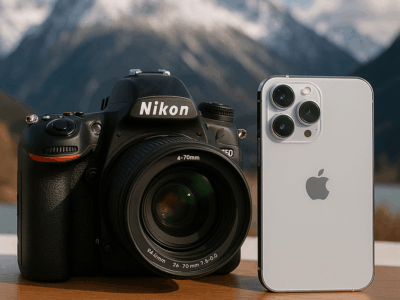 dslr and iPhone on a table with mountain backdrop